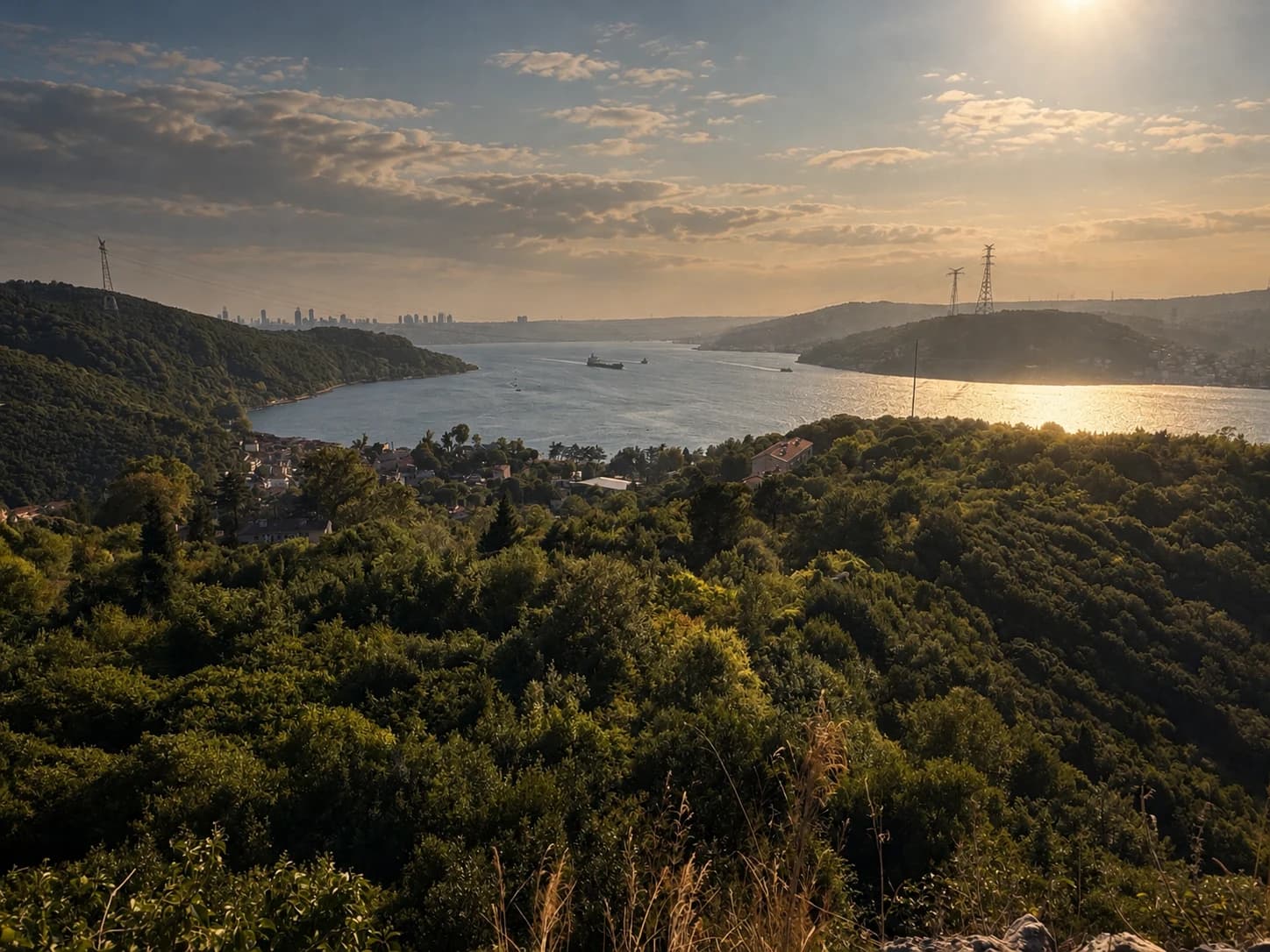 Golden-hour light over the Bosphorus, hills and shoreline.