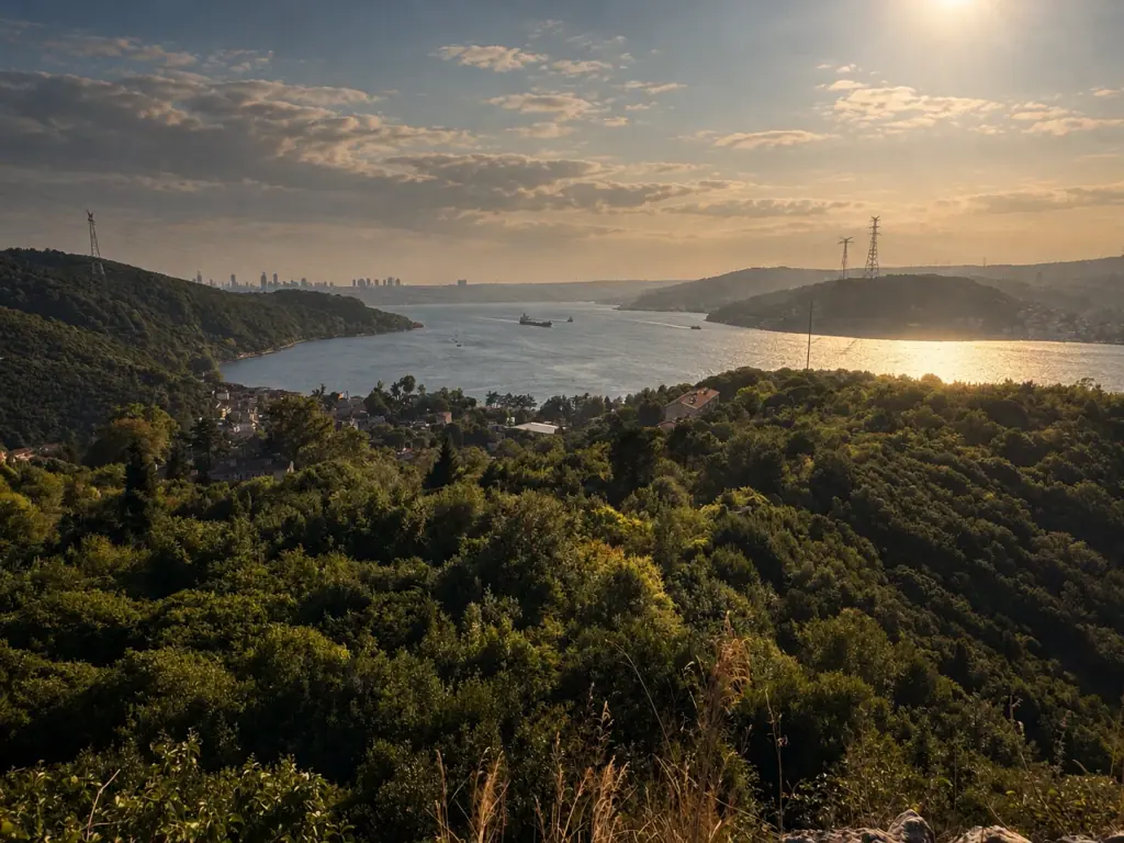 Golden-hour light over the Bosphorus, hills and shoreline.
